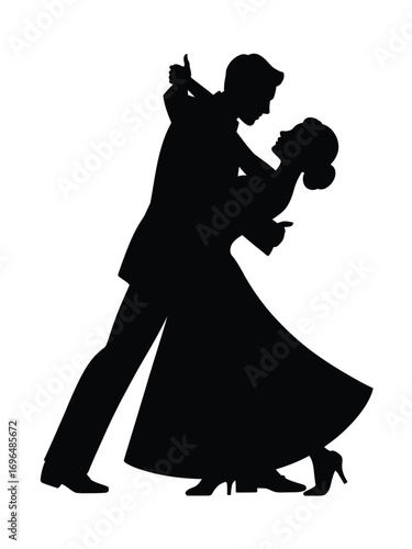 Striking silhouette vector illustration of a couple dancing elegantly white background