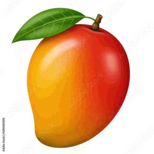 Vibrant ripe tropical mango fruit with a single green leaf isolated on a white background
