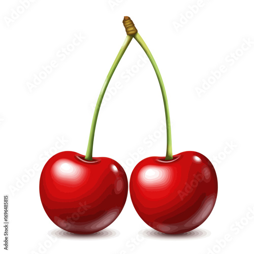 Vibrant and delectable illustration of a pair of ripe red cherries connected by their fresh green stems, symbolizing summer freshness and natural goodness