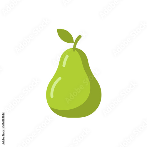 Simple flat icon of a green pear with a stem and leaf, isolated on white