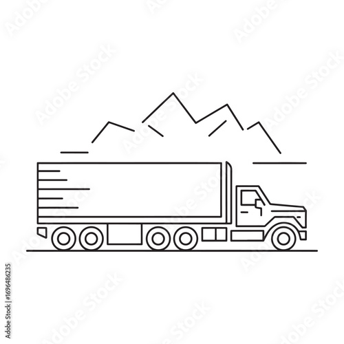 Minimalist Truck Illustration with Mountain Backdrop Ideal for Logistics Branding and Transportation Service Visuals in Clean Line Art Style