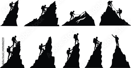Mountain climbers silhouette vector, extreme adventure, teamwork on peak, hiking success, summit celebration, outdoor challenge, alpine ascent, mountaineering illustration, black icons set