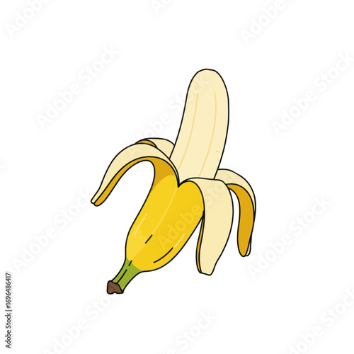 A vibrant, partially peeled banana with a smooth texture and bright yellow peel, isolated on a white background