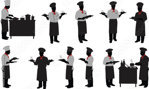 Chef silhouettes, cooking poses, steaming food presentation, kitchen counter, culinary professionals, restaurant staff, vector illustration, apron, hat, plate, hot meal, stock content