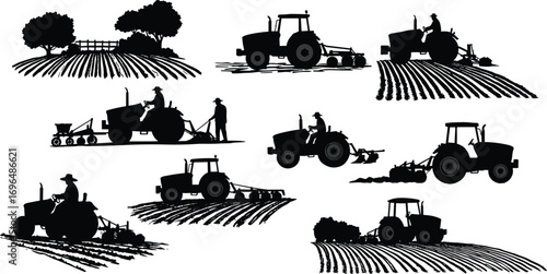 Farming tractor silhouettes, agricultural equipment, crop field, plowing, seeding, harrowing, rural landscape, cultivation tools, vector illustration for farm machinery stock content