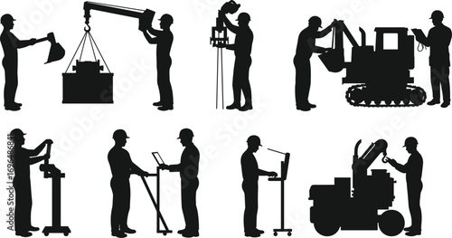 Construction workers silhouettes, industrial job roles, heavy machinery operation, site management, engineering tasks, forklift, crane, podium, teamwork, vector illustration for stock