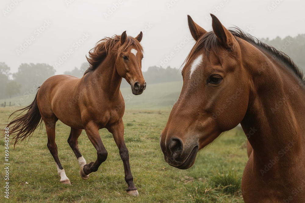 Obraz premium Gorgeous chestnut mare galloping through a misty, overcast field.