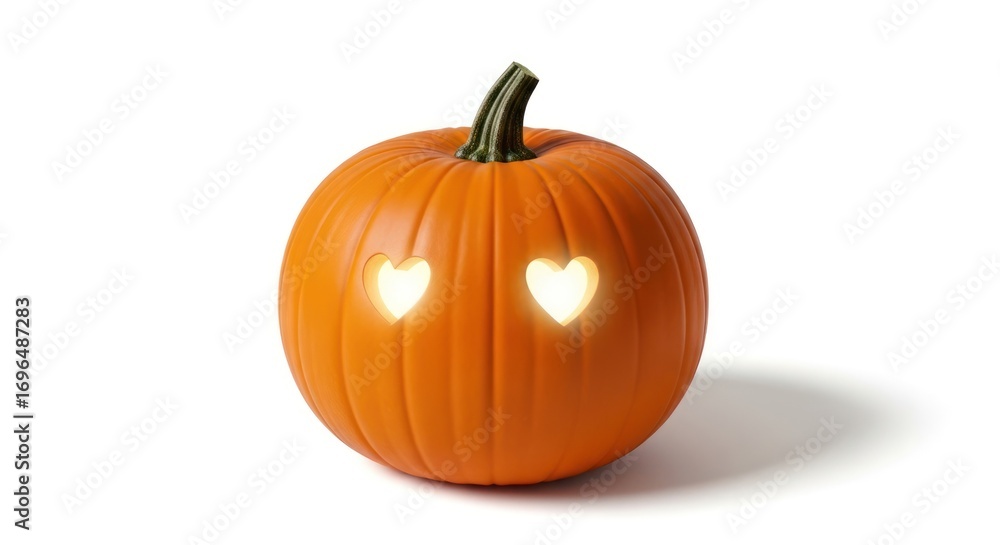 Obraz premium Halloween pumpkin with heart shaped eyes glowing on a white background
