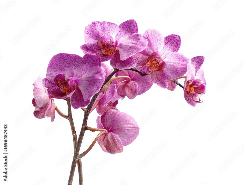 Obraz premium A branch of pink orchid flowers with maroon centers, blossoms facing multiple directions, against a plain white background, stem visible