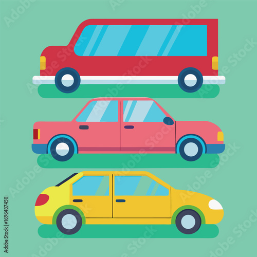Vector illustration of vehicle drawings. side, front top views. car in colorful