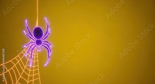 Neon spider hanging on a web against a yellow background for halloween