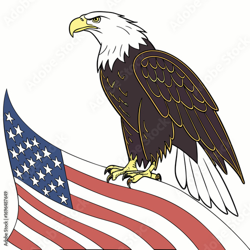 Bald eagle perched on the american flag