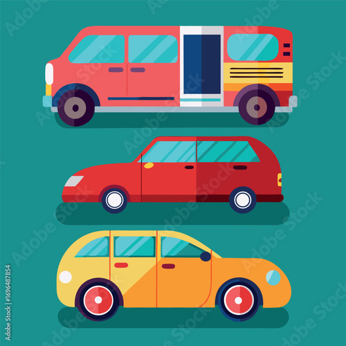 Vector illustration of vehicle drawings. side, front top views. car in colorful