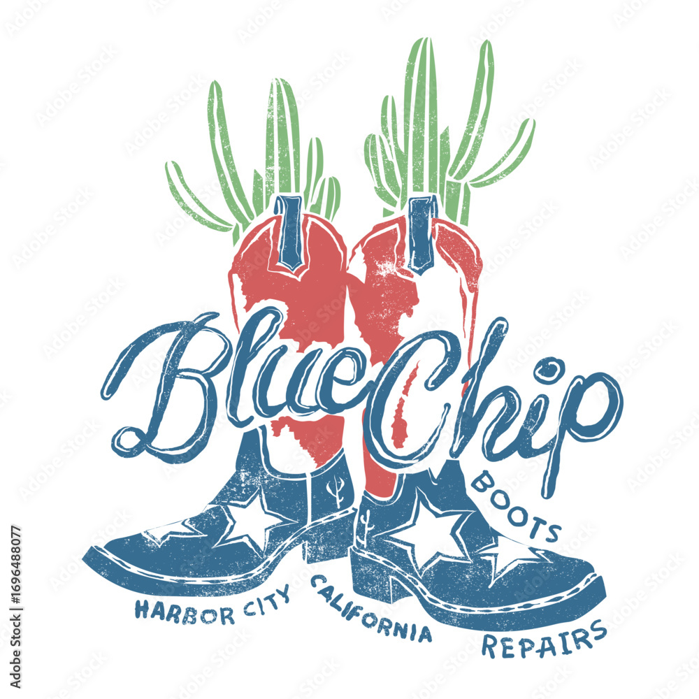 Fototapeta premium Vintage western-style graphic featuring a pair of cowboy boots with star details and cacti in the background. perfect for t-shirts, posters, or branding with a rustic southwestern vibe. 