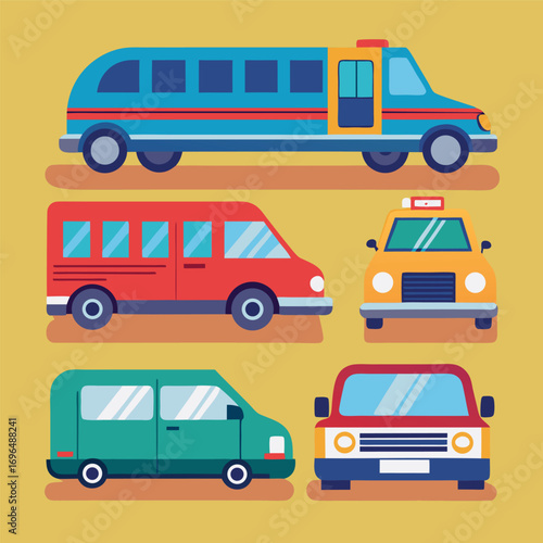 Vector illustration of vehicle drawings. side, front top views. car in colorful