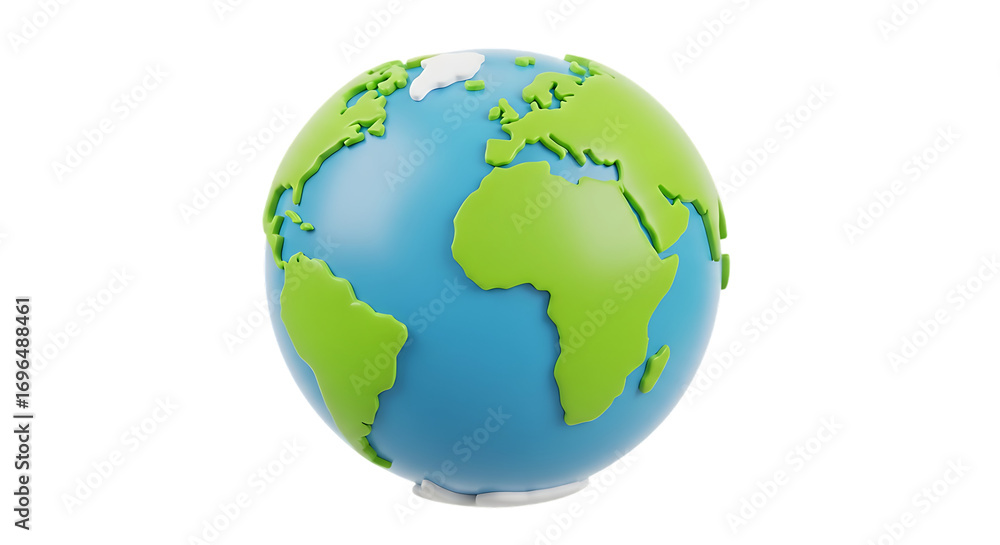 Fototapeta premium A stylized oval shaped representation of planet earth with continents in green and oceans in blue against a stark black background