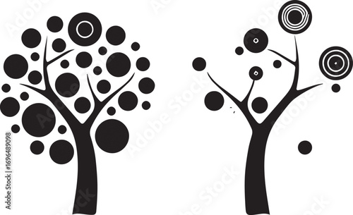 A vibrant abstract tree vector illustration features a black and white silhouette with a floral heart and flying birds, symbolizing love and nature's spring design
