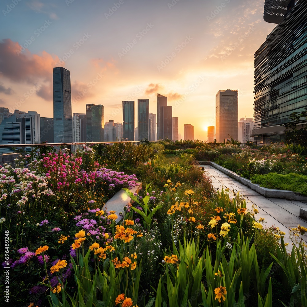 Fototapeta premium Urban Oasis: A Rooftop Garden Flourishes Amidst a Modern Cityscape at Sunset