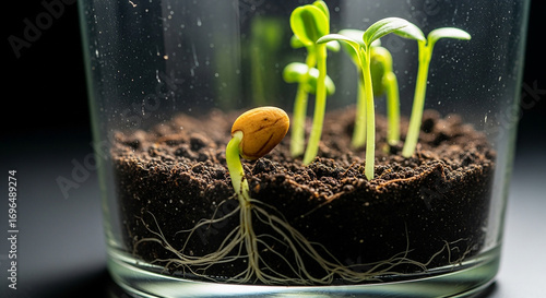 Wallpaper Mural Close up of seed germination in soil inside glass container. Young green sprouts with roots growth process, concept of nature, ecology, and plant life cycle Torontodigital.ca
