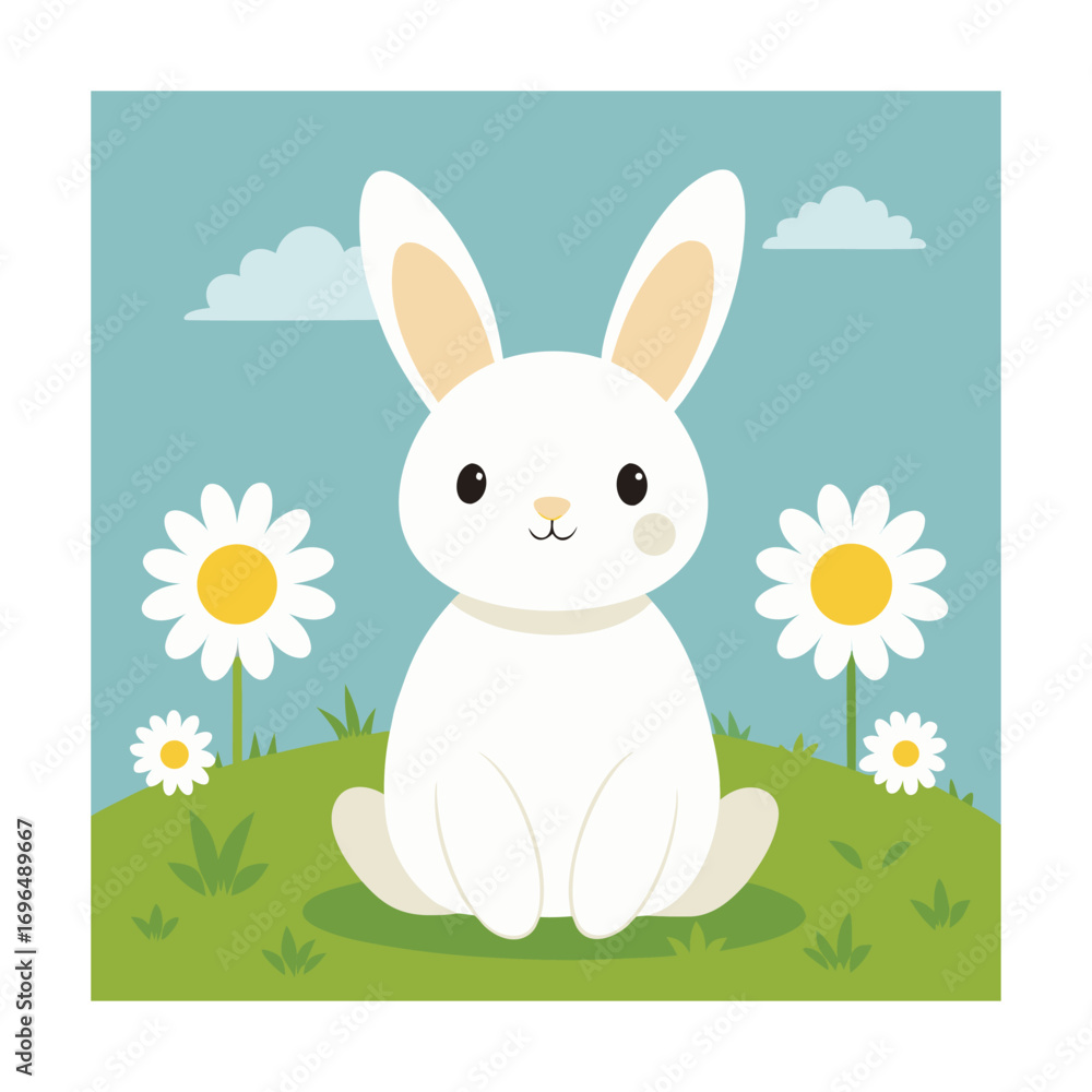 Obraz premium Cute White Bunny Sitting in a Field with Daisies rabbit