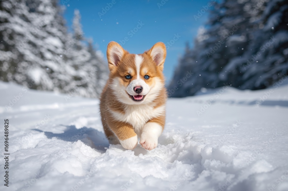 Obraz premium Corgi puppy with striking blue eyes joyfully dashing through snowy landscape
