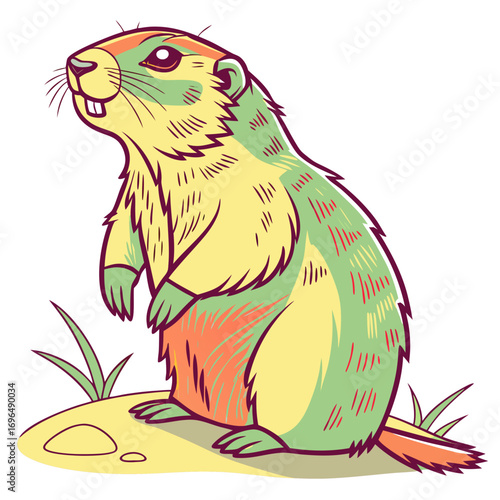 A cartoon groundhog standing on a small mound of dirt with grass