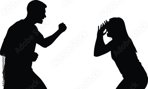Silhouette of man threatening woman isolated on white background
