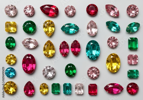 A flat lay of colorful gems in various shapes and sizes