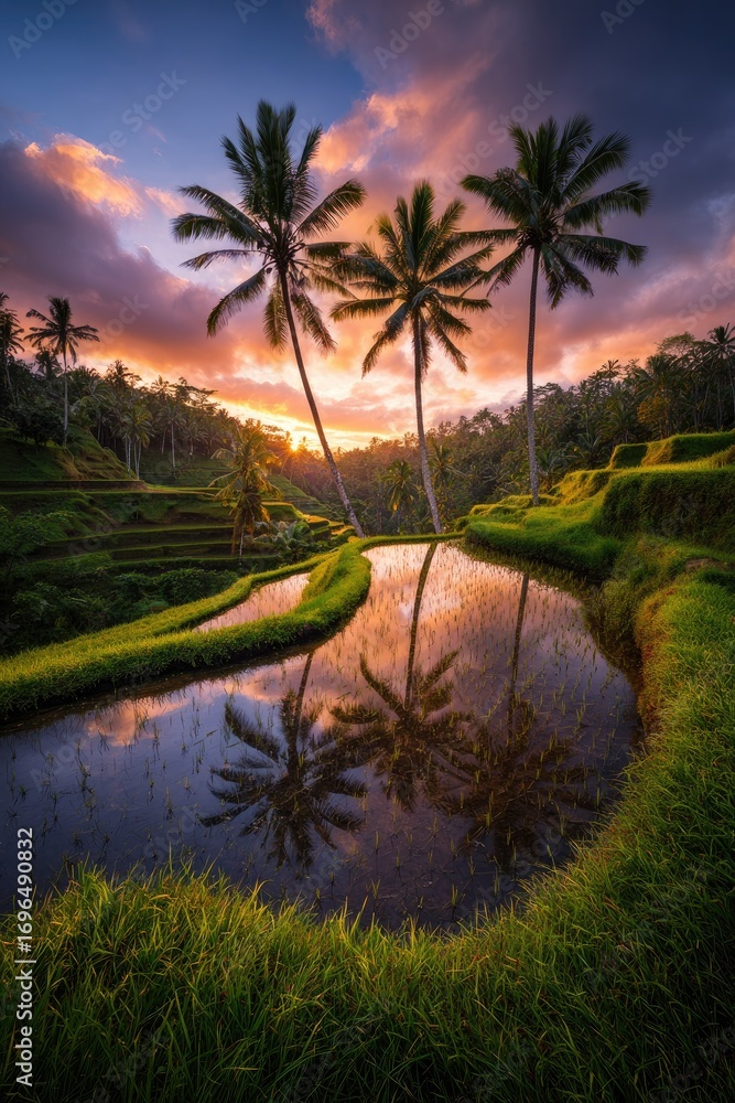 Obraz premium A serene sunrise paints the terraced rice paddies, reflecting palm trees in the tranquil water.