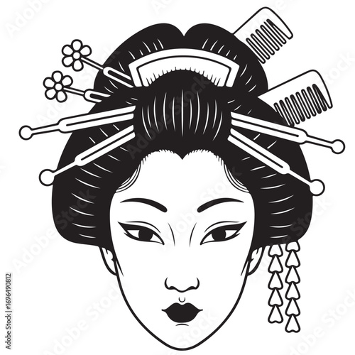 Elegant Black and White Illustration of a Japanese Woman's Face with Ornate Hairstyle and Hairpins