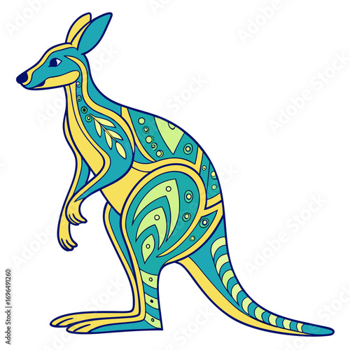 Stylized kangaroo with aboriginal art patterns