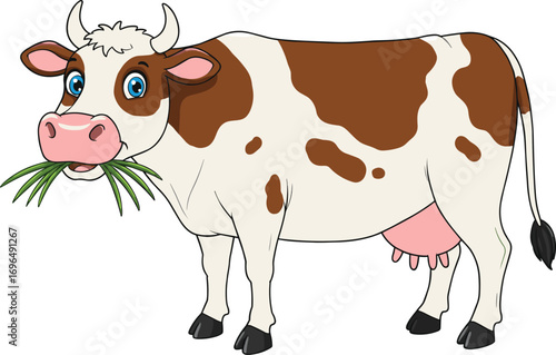 Cartoon cow eating grass, dairy animal illustration, cute brown and white cow, farm animal vector, livestock, milk producer