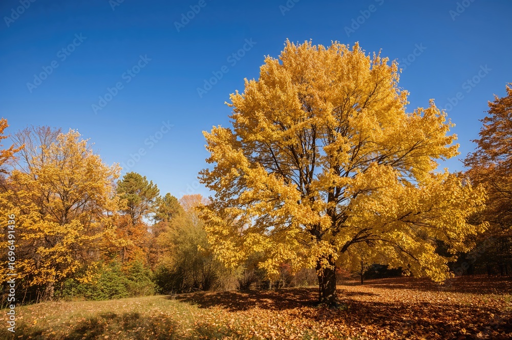 Fototapeta premium Scenic backdrop of golden fall foliage with breezy trees and natural sunlight, ample empty area