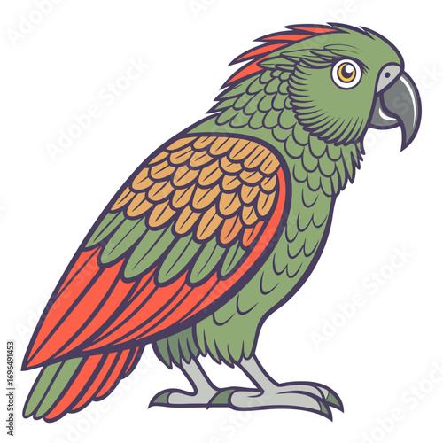 Green parrot with red and orange wings