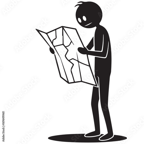 Smiling Silhouette Person Reading a Map for Travel and Direction