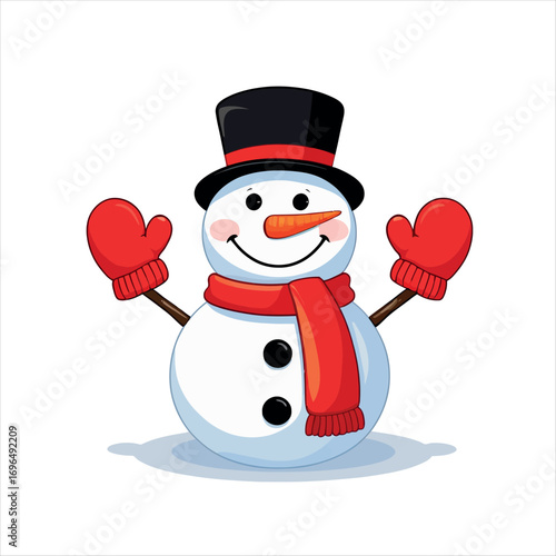 Vector art of cheerful snowman with red scarf and mittens
