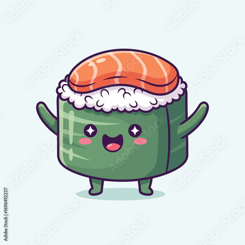 Cute sushi character smiling and waving its arms on a light blue surface, creating a cheerful and inviting atmosphere for food lovers.