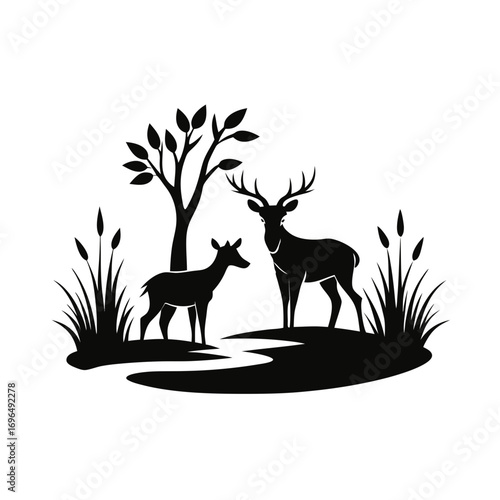 Deer Drinking Water River Silhouette Vector