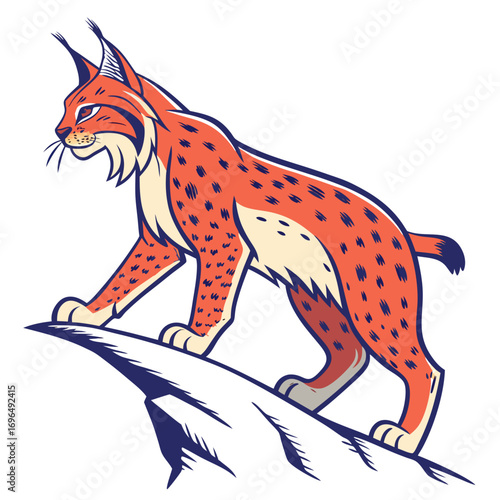 A stylized illustration of a lynx standing on a rock
