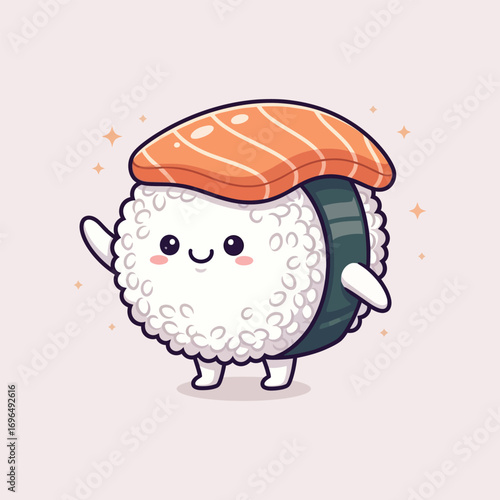 Cute sushi character waving hello with a friendly smile, standing on a light pink surface, creating a joyful and inviting mood.