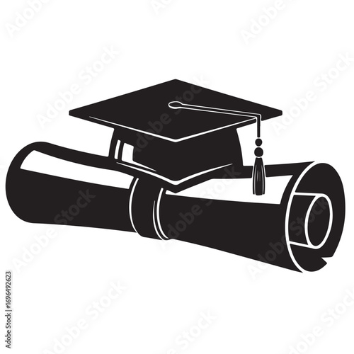Black Graduation Cap with Tassel Resting on a Rolled Diploma Scroll