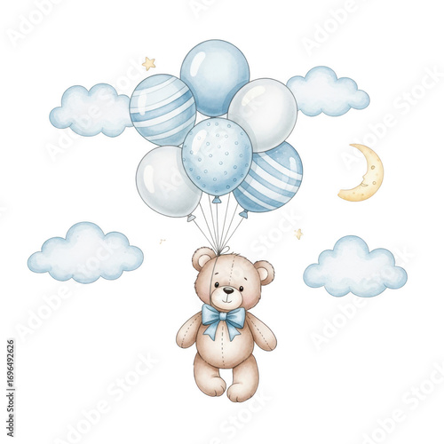 Cute teddy bear floating with blue balloons isolated on transparent background