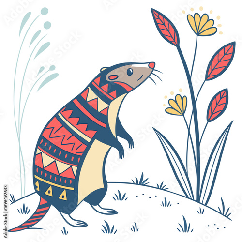 Cute stylized ferret with tribal pattern standing on grass near flowers