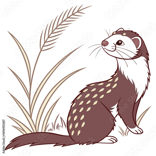 Illustration of a cute ferret sitting in tall grass