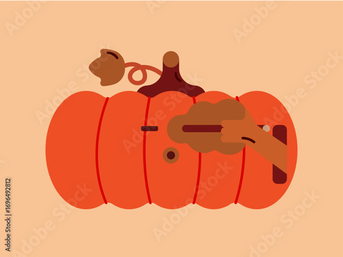 Cute autumn pumpkin with leaf. Pumpkin illustration. Autumn mood with pumpkin. Cute pumpkin character.