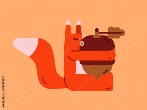 Cute autumn squirrel. Cute little animal. Squirrel with a nut. Squirrel. Cute character. Autumn mood with a squirrel.