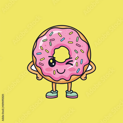 Cute donut character winking and standing with hands on hips against a yellow backdrop, radiating a playful and cheerful vibe.