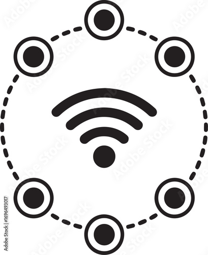 Wireless network connection with central wi fi symbol and surrounding nodes