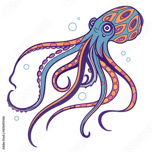 Stylized blue octopus with colorful patterns
