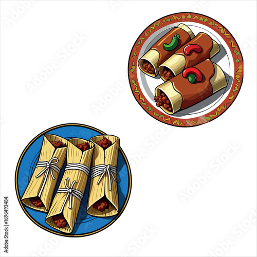 Vector art of two plates of delicious enchiladas for restaurant menu
